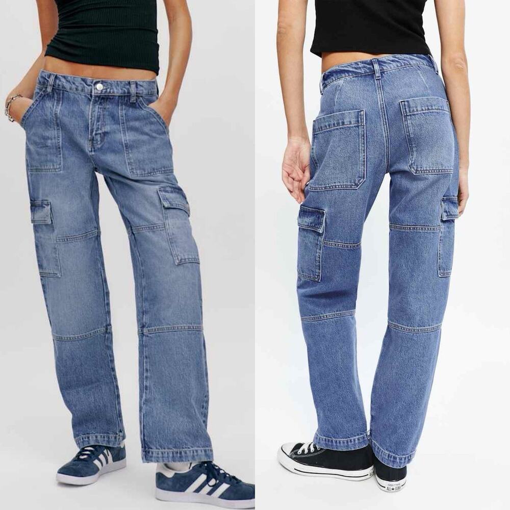 Reformation Medium Blue Mid Rise Slouchy Relaxed McKenna Cargo Jeans 26